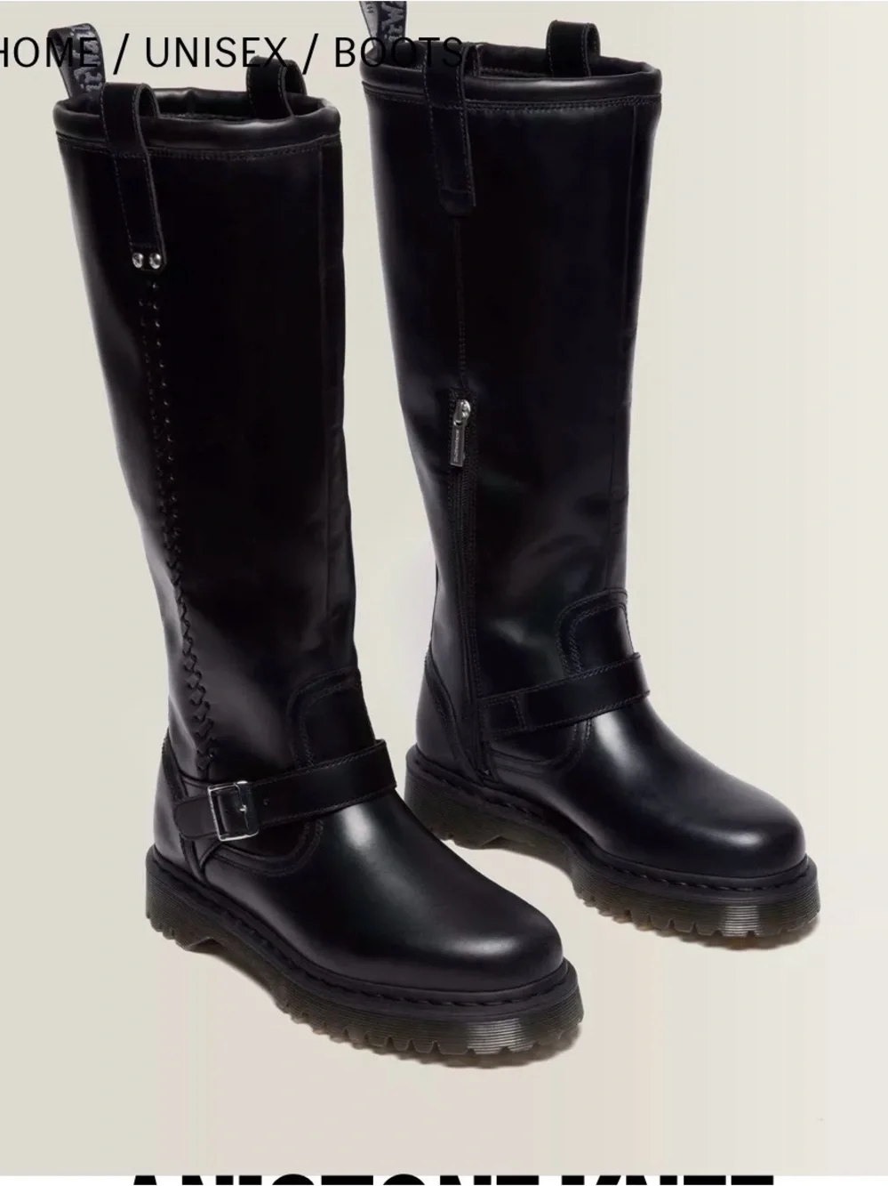 NWOT, Size 7, Dr. Martens Anistone Black Knee-High Orleans Leather Biker Boots